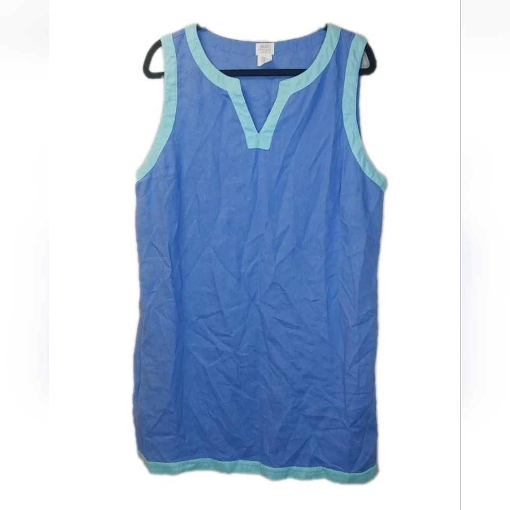 Sigrid Olsen 100% Linen Tunic Dress Woman XL V-Neck Blue Beachy Coastal Tropical